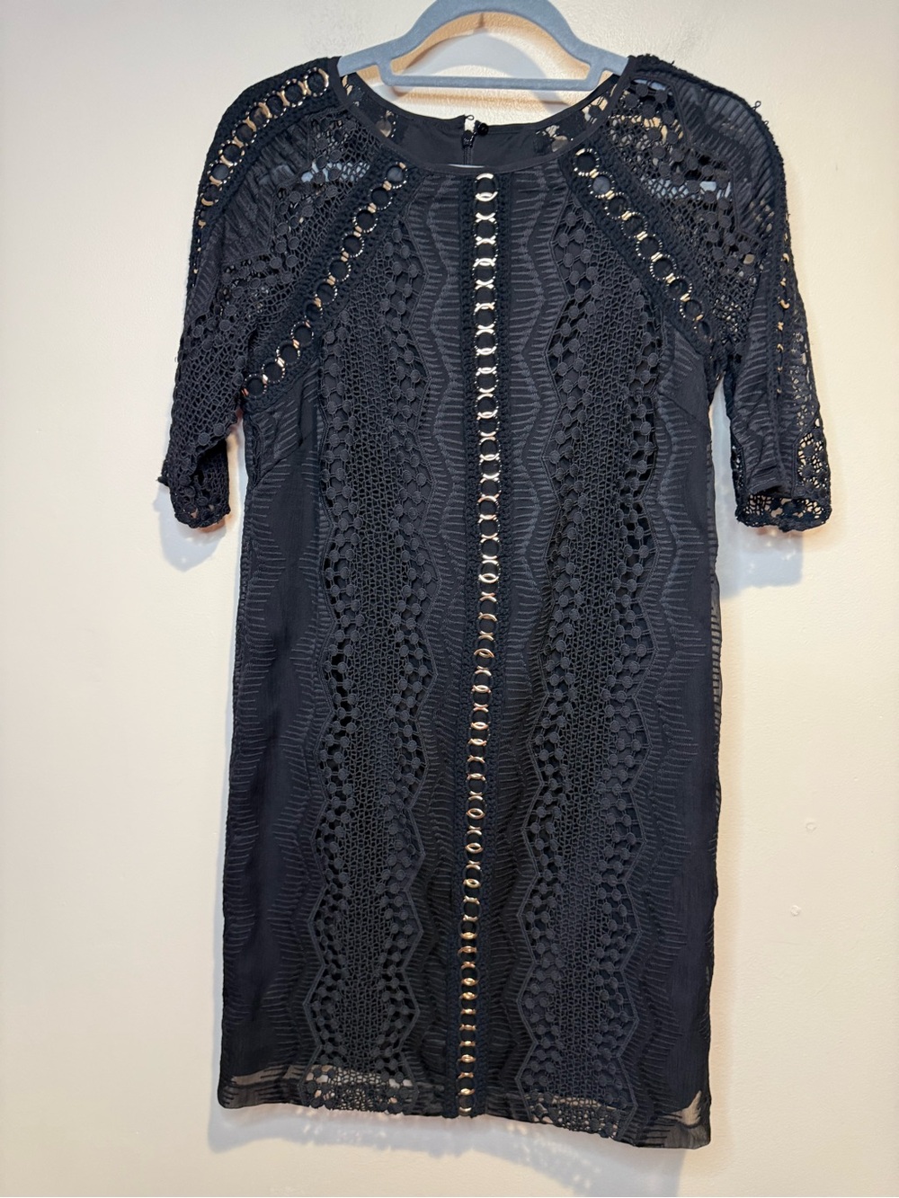 BADGLEY MISCHKA Black Lace Gold Rings Dress